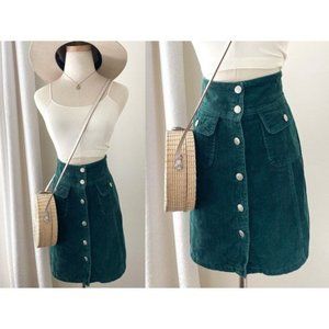 Women’s Vintage 90s Emerald Green Corduroy Button Front Skirt Academia Aesthetic